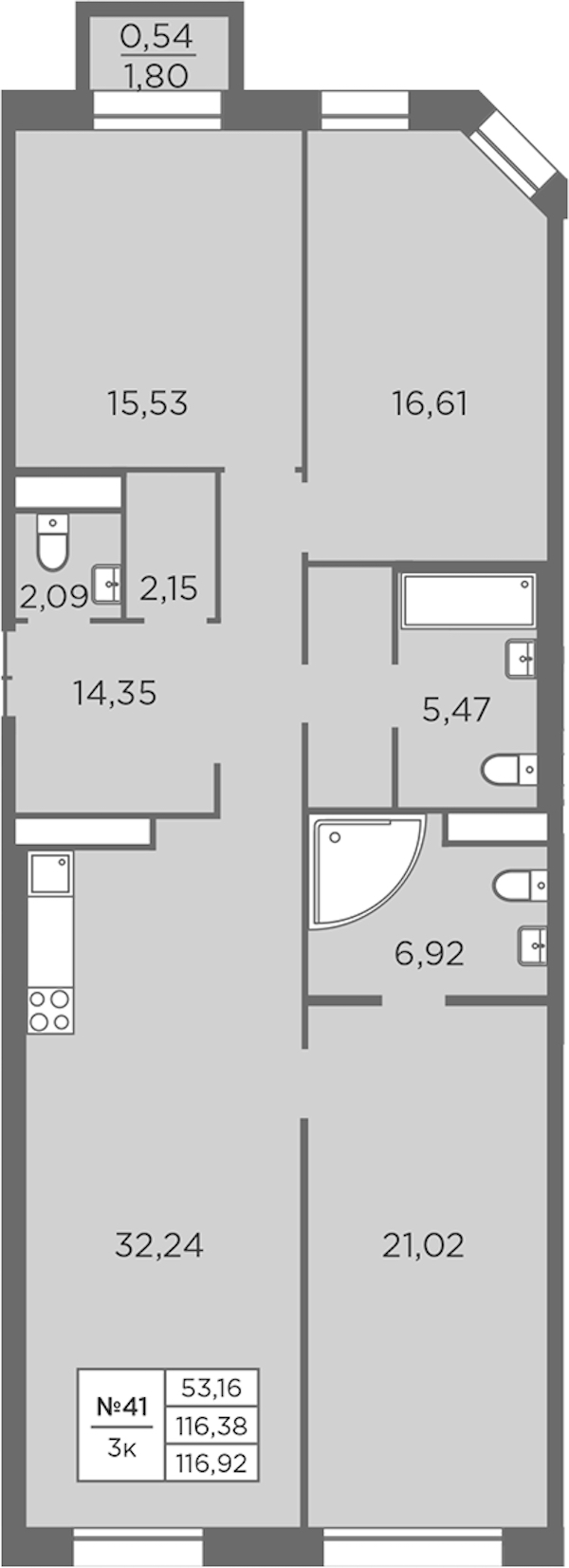 3-комнатная квартира 116.92 м², 6/7 эт., ЖК «Северная Корона»